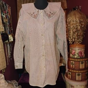 Pennylane Striped Embroidered Peter Pan Collared Button Down Shirt M